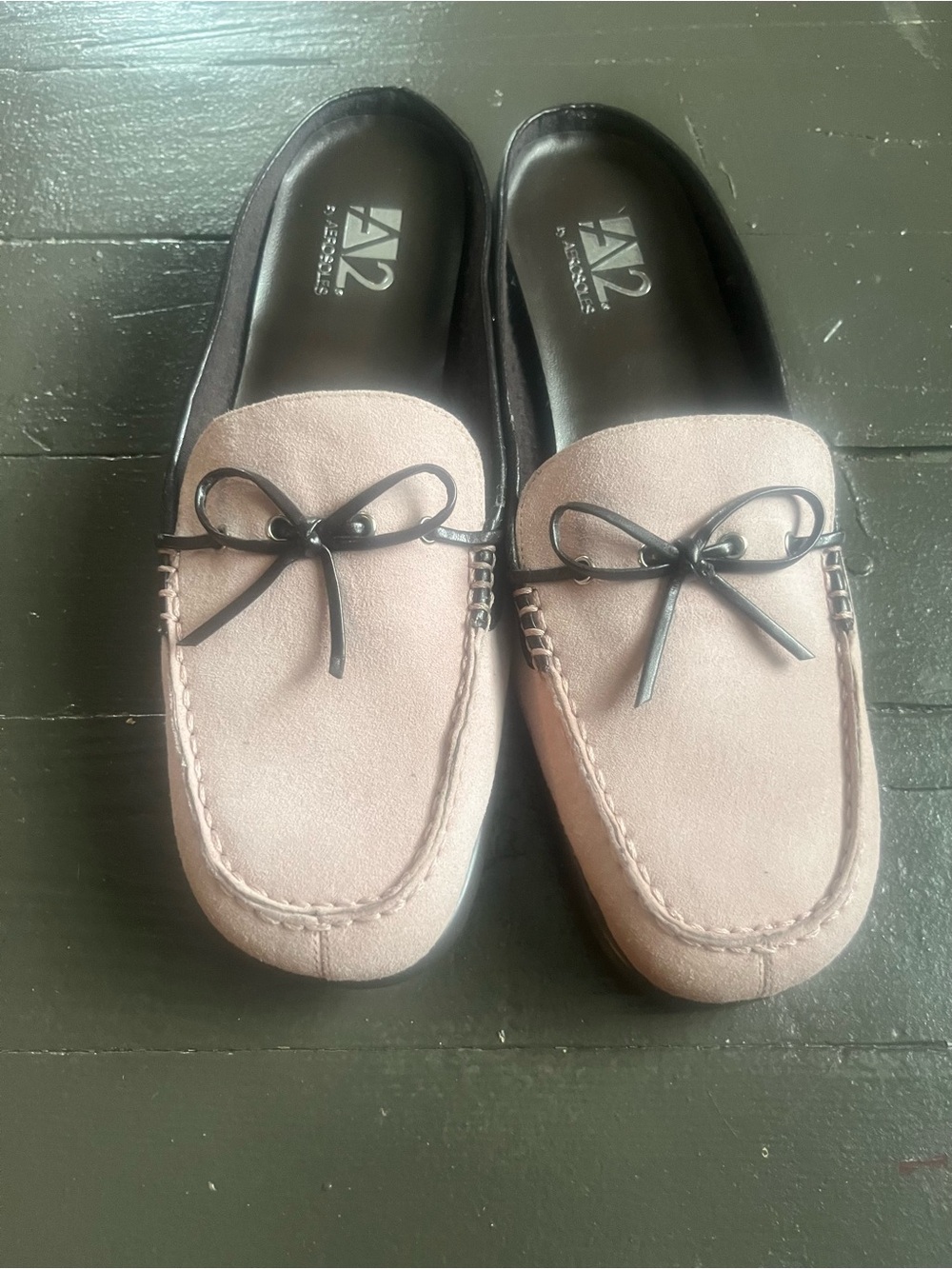 Pink Suede Loafers with Brown Trim and Bow - Picture 2 of 7